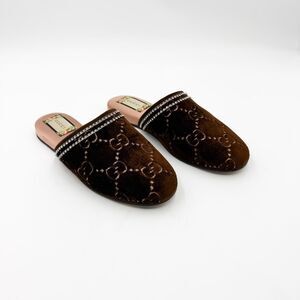 Gucci Brown Velvet GG Crystal Trim Mules